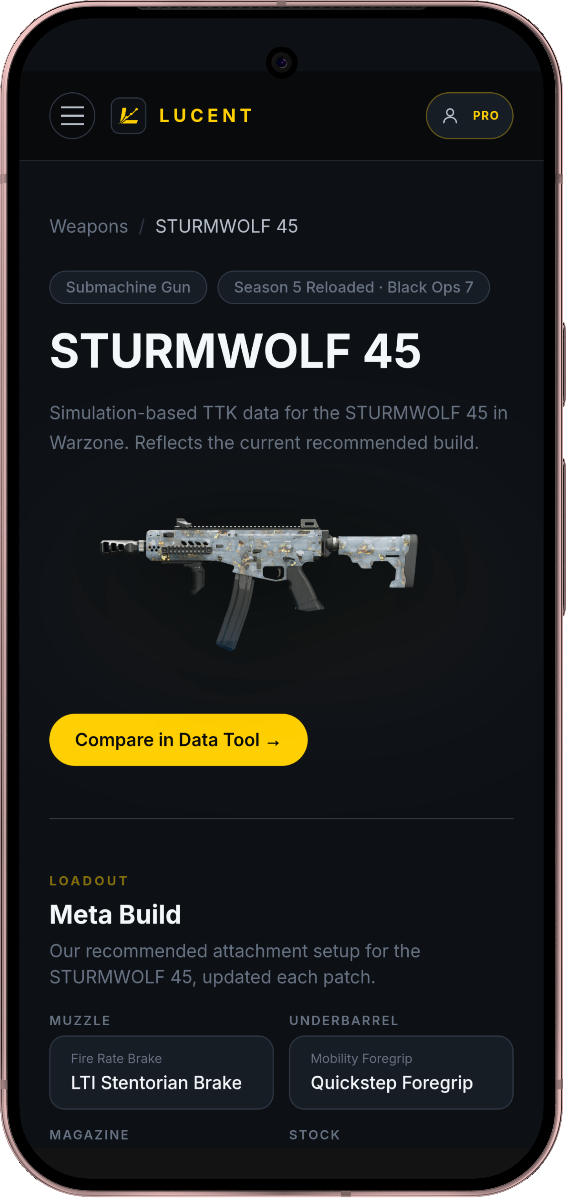 Weapon detail page on the Lucent app