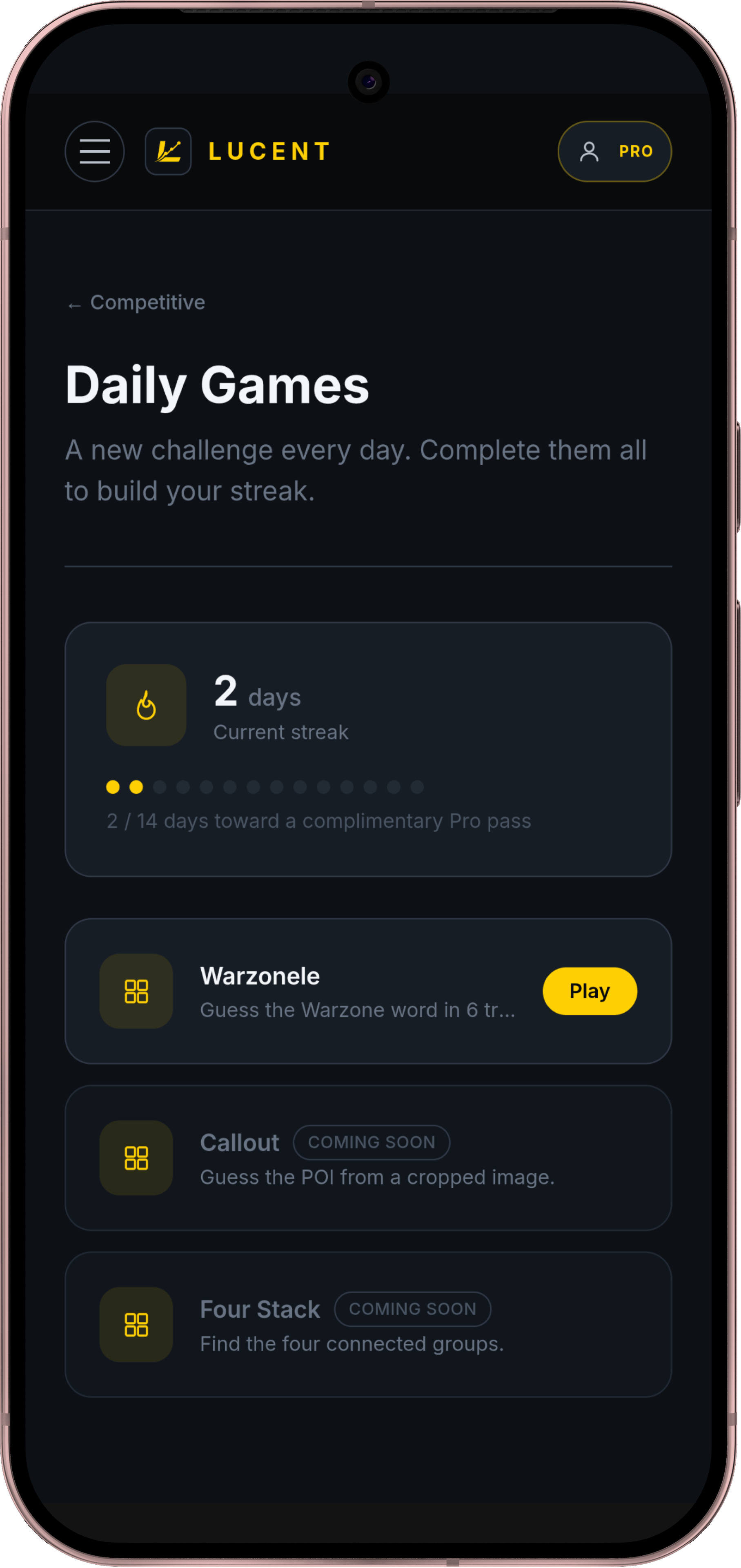 Daily Games hub on the Lucent app
